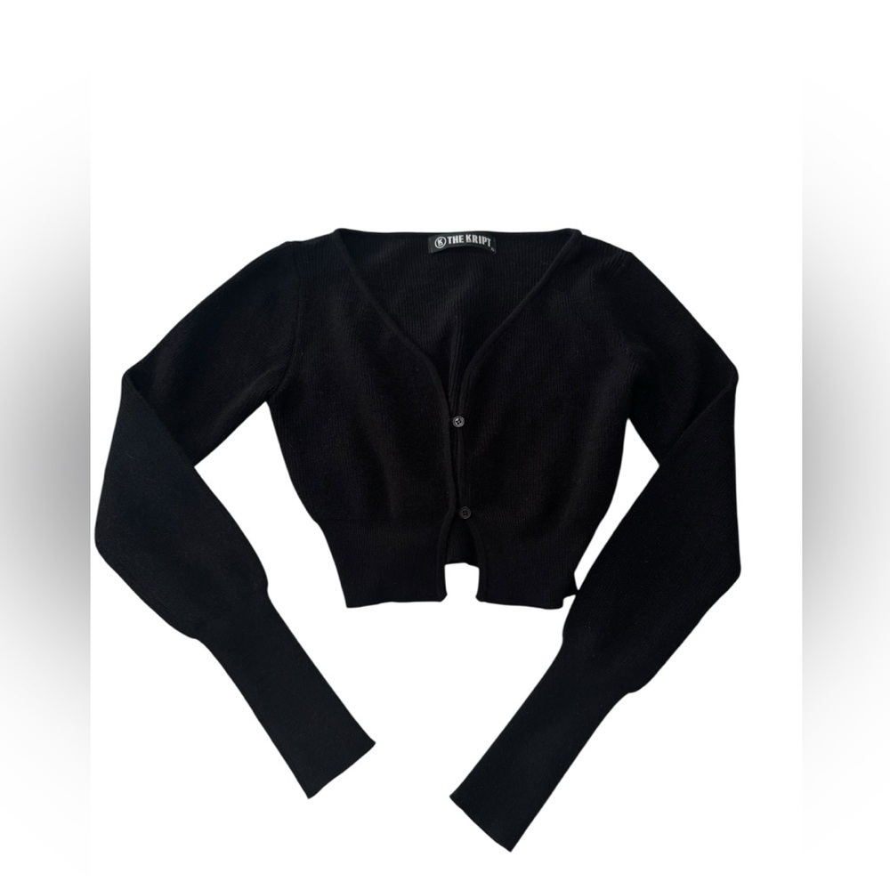THE KRIPT Black Cropped Knit Sweater – Long Sleeve Ribbed Cardigan Top